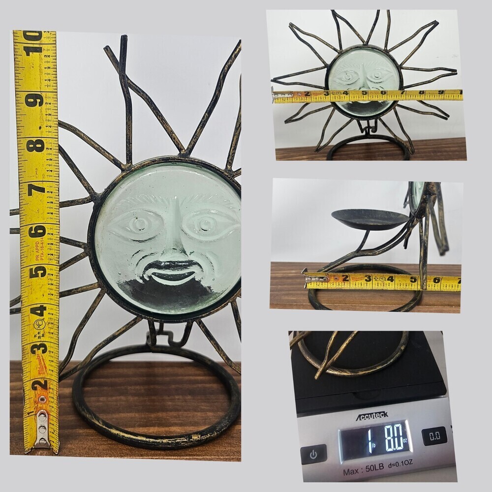 Vtg Celestial Metal Standing Glass Sunburst Face Candle Holder 10" Sun Catcher - Picture 6 of 6